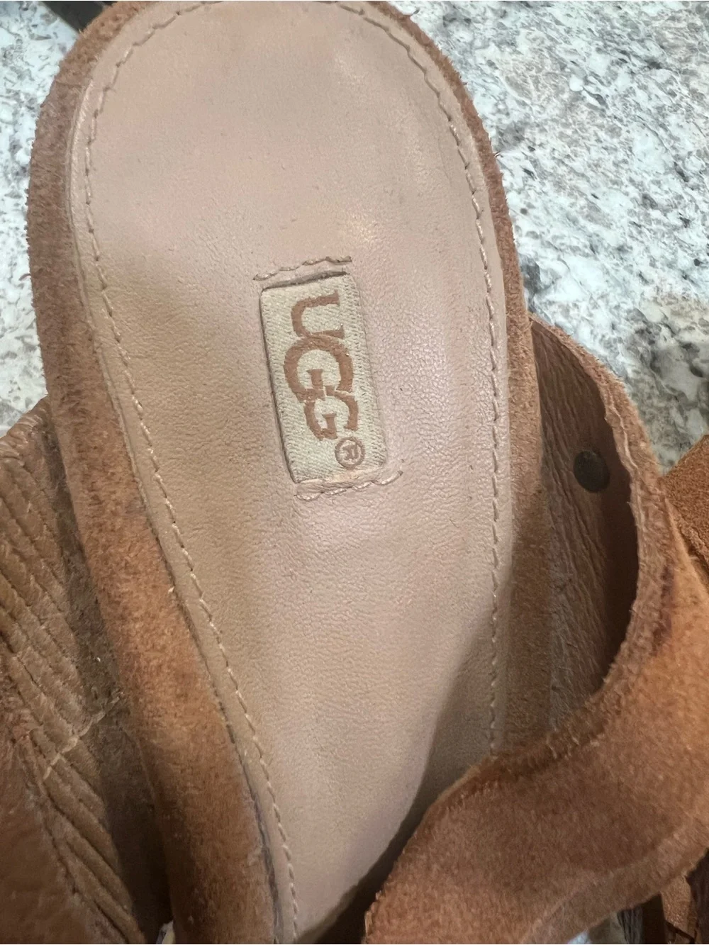 UGG Women’s Brown Suede Woven Cork Wedge Sandals